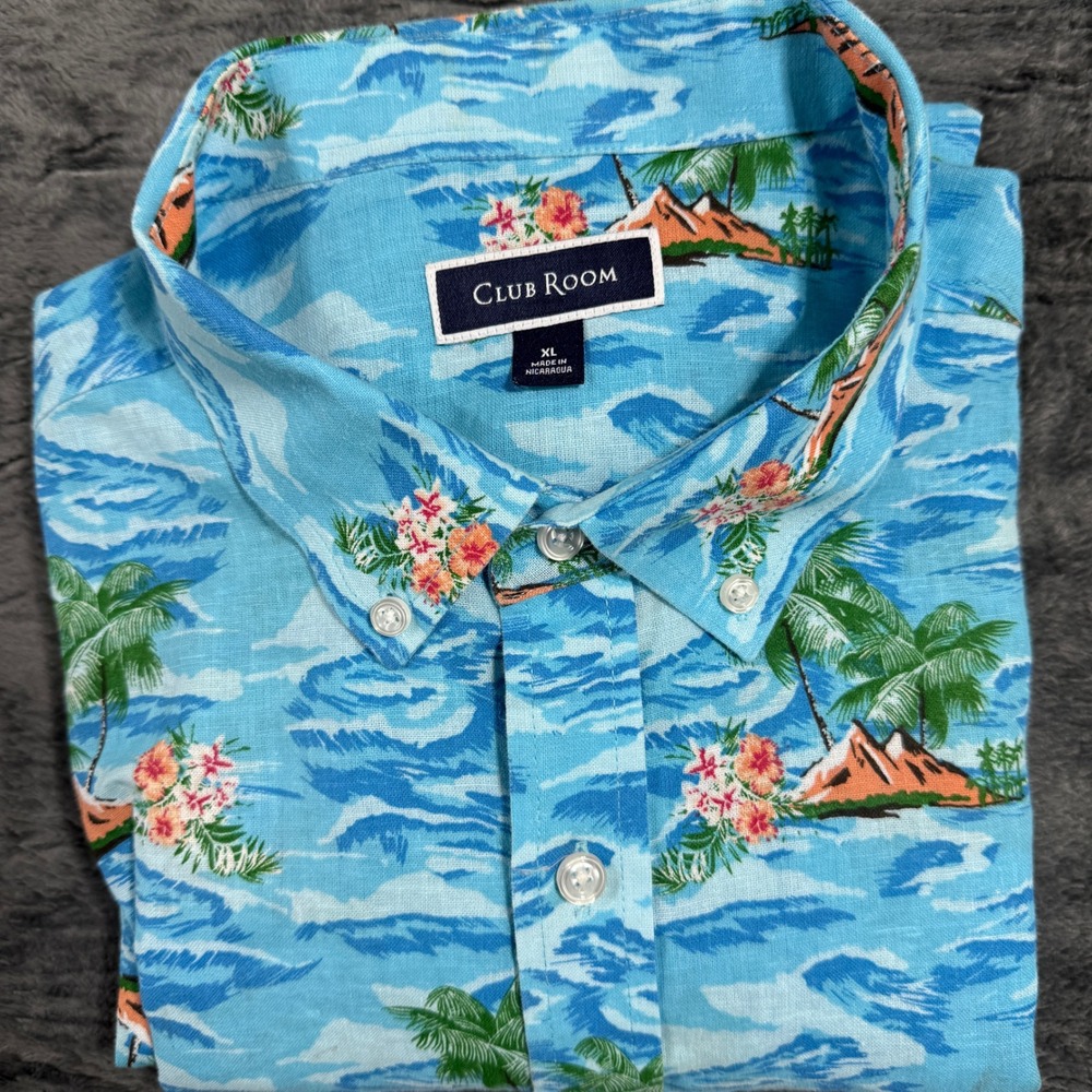 Club Room Tropical Island Button Down Shirt Men XL Blue Short Sleeve Linen Blend